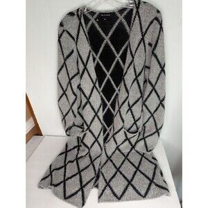 Womens Long Sweater Cardigan Size L Argyle Diamonds Lattice Pockets Gray Black